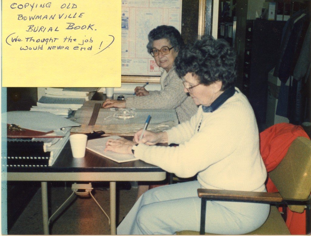 Bessie Gannon and Kay Pickard copying original Bowmanville Burial Books records  OGSbranch22_002.jpg